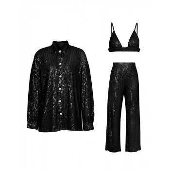 Sparkly Two-piece Set Party Outfits For Womens Sequin Top Blouse Shirt And Pants Suit 